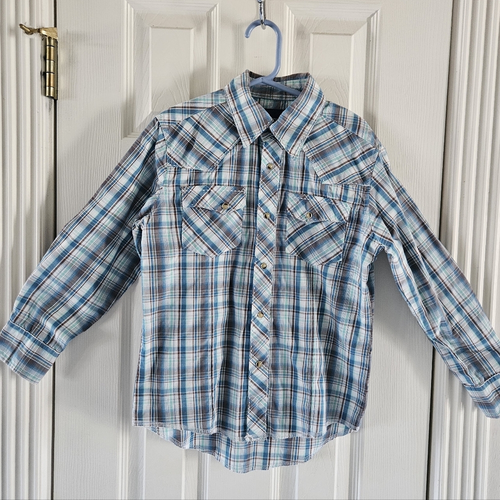 Wrangler Western Blue & White Plaid Snap Shirt, Kids Sz M - Cowboy, Rodeo, Cool